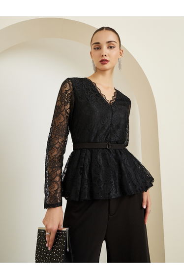 Black Scallop Neckline Lace Peplum Top