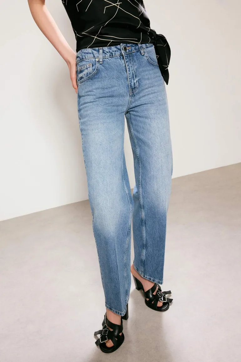 Blue High Waist 100% Cotton Straight Straight Cut Jeans - 3