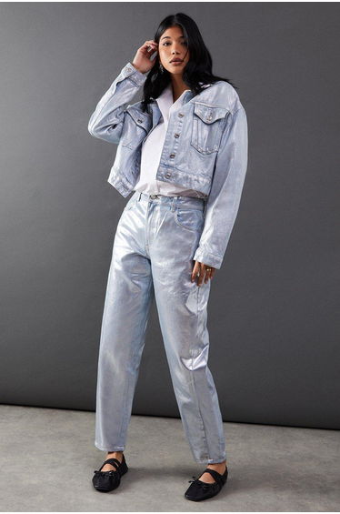 Metallic Denim Barrel Leg Jean