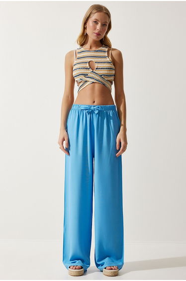 Women's Sky Blue Flowy Knitted Palazzo Trousers