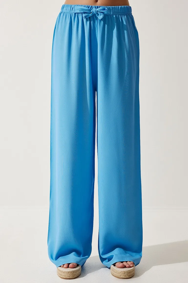 Women's Sky Blue Flowy Knitted Palazzo Trousers - 4