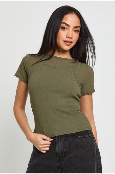 Sherred Textured Rib Double Layered Top - sage