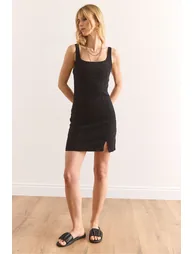Women's Black Stitching Detailed Mini Slit Denim Dress