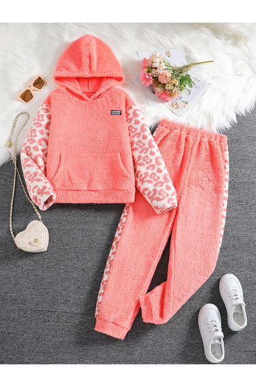 Teens Leopard Print Fleece Hoodie and Joggers Set