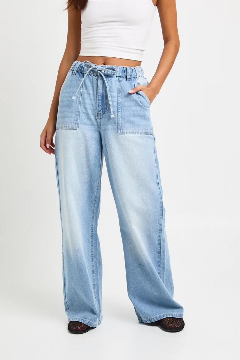 Elasticated Tie Waist High Waist Wide Leg - bleach wash - 2