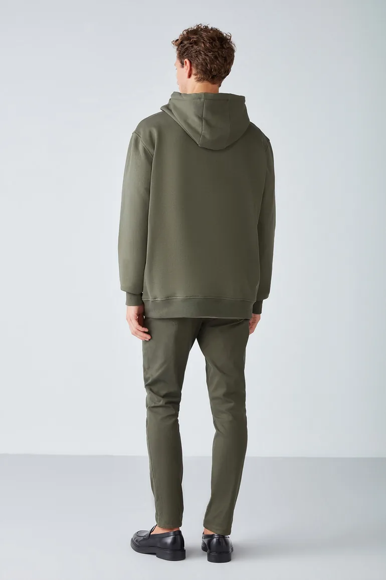 GRIMELANGE EPIC Men's Organic Cotton Soft Embroidered Hooded Drawstring Regular Fit Khaki Sweatshirt - 4
