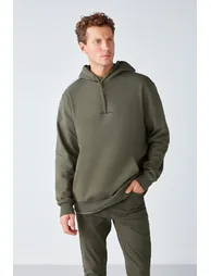 GRIMELANGE EPIC Men's Organic Cotton Soft Embroidered Hooded Drawstring Regular Fit Khaki Sweatshirt - 2