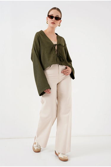 BDART Viscose Blend V-Neck Long Sleeve Kimono with Binding Detail