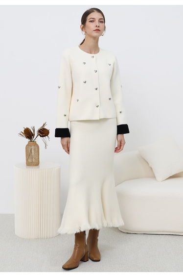 Easy Fringed Mermaid Knit Skirt in Cream