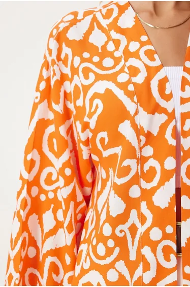 Women's Orange Ecru Patterned Viscose Kimono