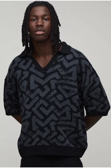 Oversized Boxy Abstract Jacquard Knitted Polo - charcoal