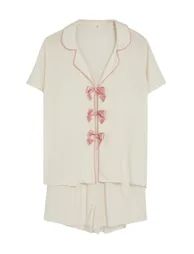Ecru Ribbon Detailed Viscose Woven Pajamas Set - 2
