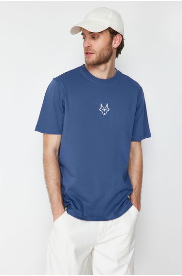 Indigo Men's Regular/Normal Cut Wolf Embroidered 100% Cotton T-Shirt