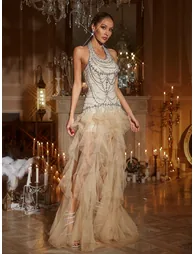 Ichirou Halterneck Crystal Tulle Maxi Dress - 4