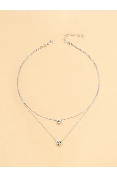 Women Silver Double Chain Necklace with Heart and Crystal Pendants