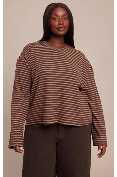 Plus Chocolate Striped Soft Fleece V Neck Sweatshirt