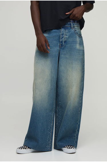 Faux Waist Rhinestone Baggy Fit Jeans - vintage blue