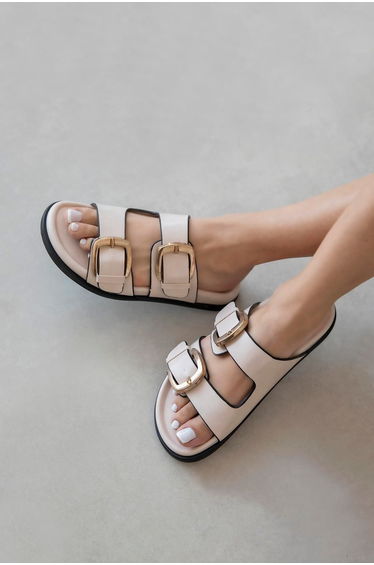 Harden Women's Buckle Detail Daily Comfort Leather Slippers Beige