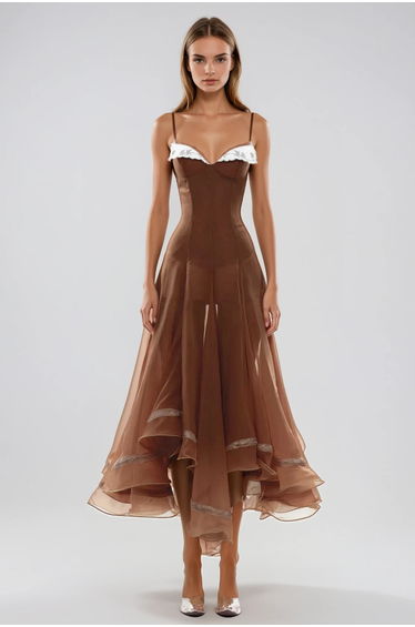 Fiacre Spaghetti Mesh Ruffle Maxi Dress
