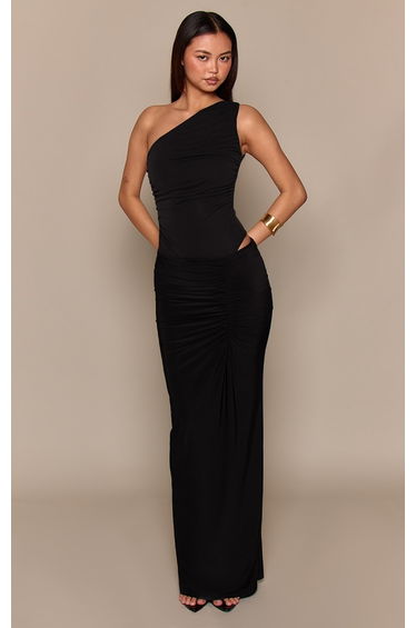 Black Modal Ruched Detail Asymmetric Bodysuit