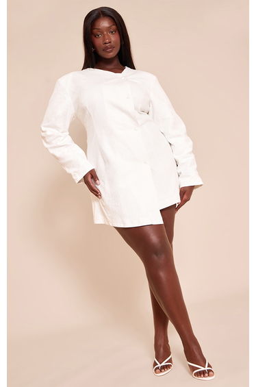 Plus White Premium Linen Cinched Waist Cocoon Sleeve Mini Dress