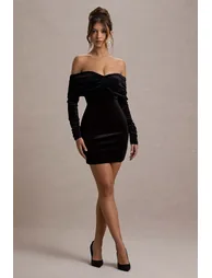 فستان قصير مخمل بأكمام طويلة بأكتاف مكشوفة - أسود - 4