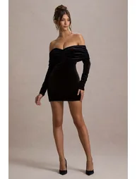 فستان قصير مخمل بأكمام طويلة بأكتاف مكشوفة - أسود - 3