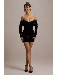 فستان قصير مخمل بأكمام طويلة بأكتاف مكشوفة - أسود