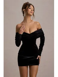 فستان قصير مخمل بأكمام طويلة بأكتاف مكشوفة - أسود - 2