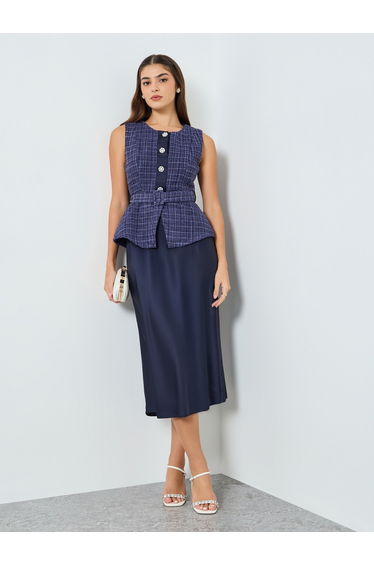 Women Belted Tweed Look Midi Dress
