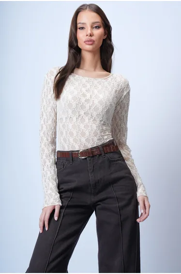 Women's Cream Boat Neck Transparent Lace Blouse