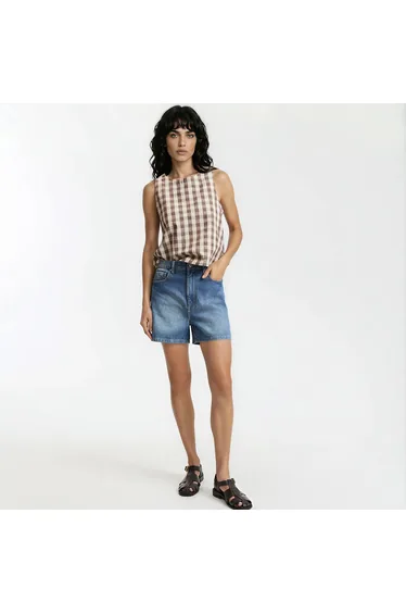 Gingham Print Cotton/Linen Sleeveless Top