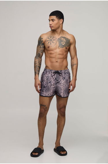Snake Print Man Embroidered Piped Super Short Swim Short - brown