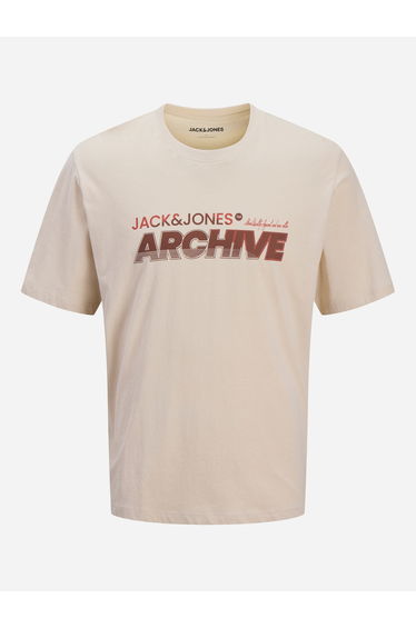 Beige Crew Neck Logo Print T-Shirt