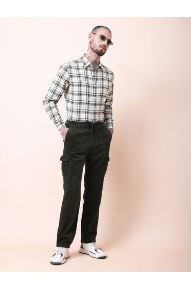 Men Olive Straight Fit Corduroy Cargo Trousers
