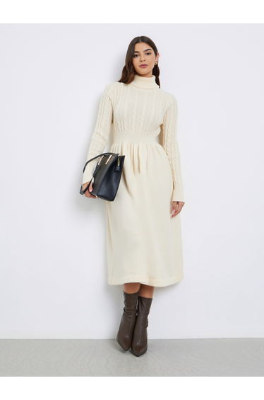 Cream Cable Knit Sweater Midi Dress