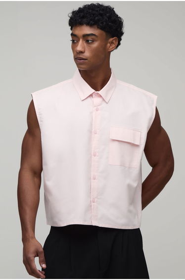 Oversized Boxy Extreme crop Sleeveless Oxford Shirt - pink