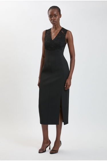 Compact Stretch Lace Detail Midi Dress