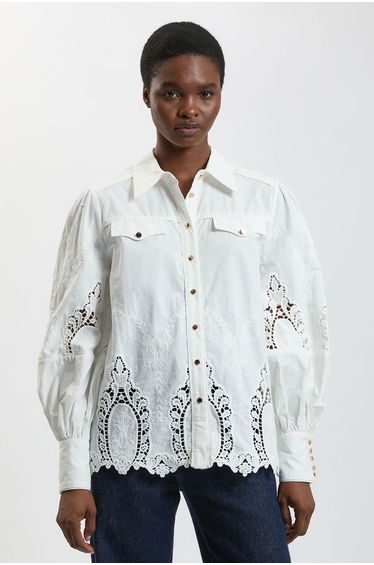 Petite Cotton Cutwork Balloon Sleeve Woven Shirt