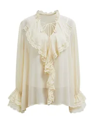 Ruffle Lace Trim Tie-Neck Flare Cuffs Chiffon Top in Light Yellow - 2