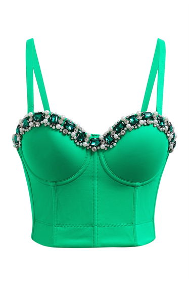 Mystic Sheen Rhinestone Pearl Bustier Bra Top in Green