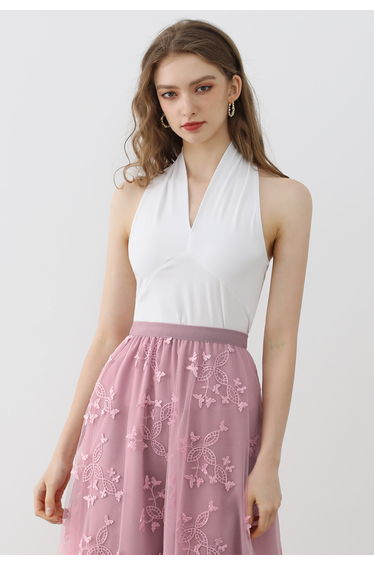 Optimal Halter V-Neck Sleeveless Top in White