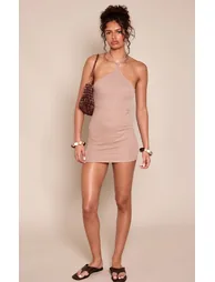 Taupe Textured Halterneck Bodycon Mini Dress - 2