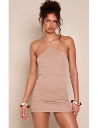 Taupe Textured Halterneck Bodycon Mini Dress - 3
