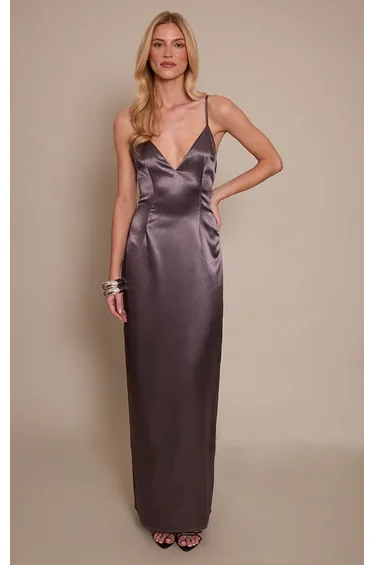 Charcoal Plunge Strappy Satin Maxi Dress