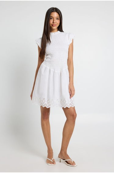 Shirred Body Mini Dress With Broderie Hem - ivory
