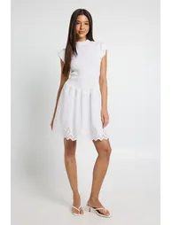 Shirred Body Mini Dress With Broderie Hem - ivory