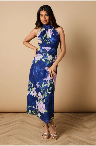 Petite Floral Satin Burnout Halterneck Midi Dress