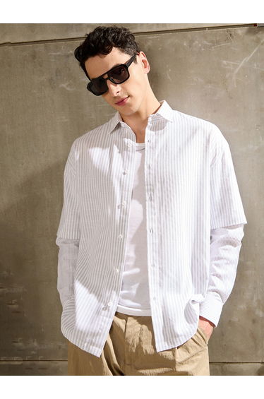 Men Striped Overlap Long Sleeve Relaxed Fit Shirt