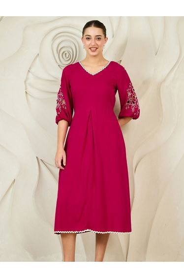 Magenta Embroidered Sleeve Midi Dress